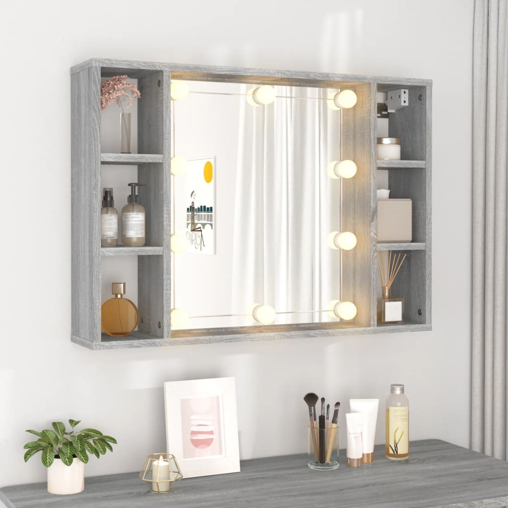 Wardrobe with mirror and LED, sonoma grey, 76x15x55 cm