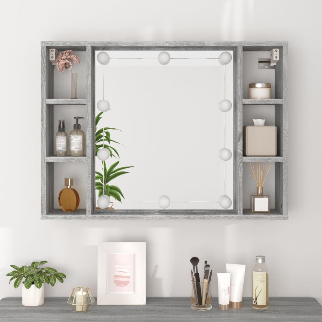 Wardrobe with mirror and LED, sonoma grey, 76x15x55 cm