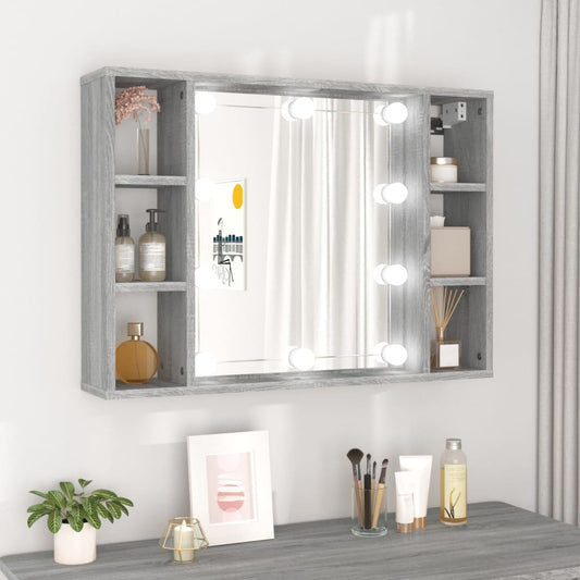 Wardrobe with mirror and LED, sonoma grey, 76x15x55 cm