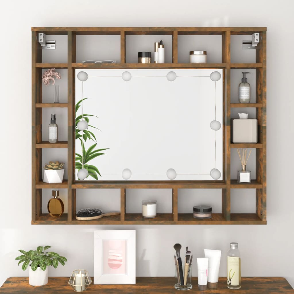 Cabinet with mirror and LED, smoky oak, 91x15x76.5 cm