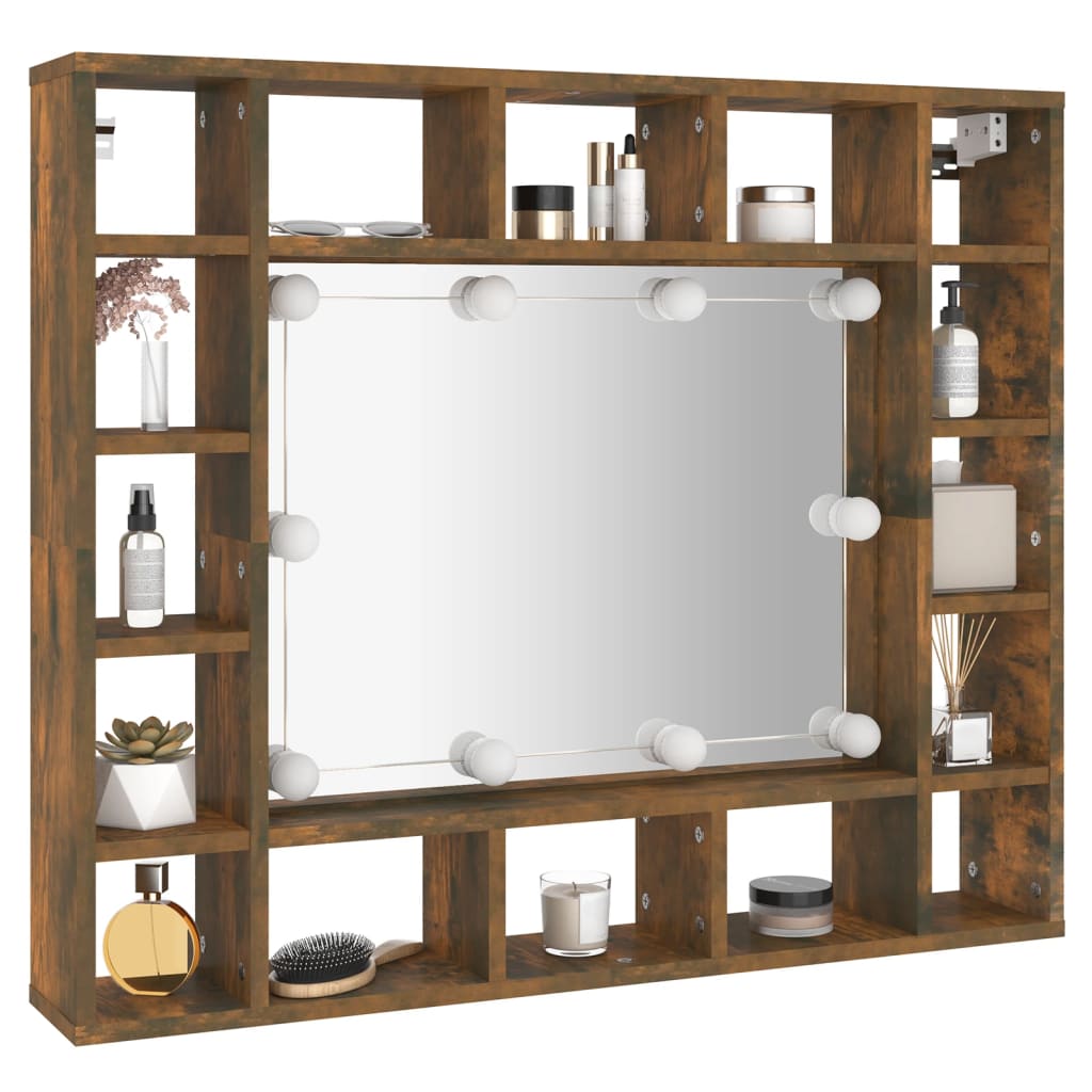 Cabinet with mirror and LED, smoky oak, 91x15x76.5 cm