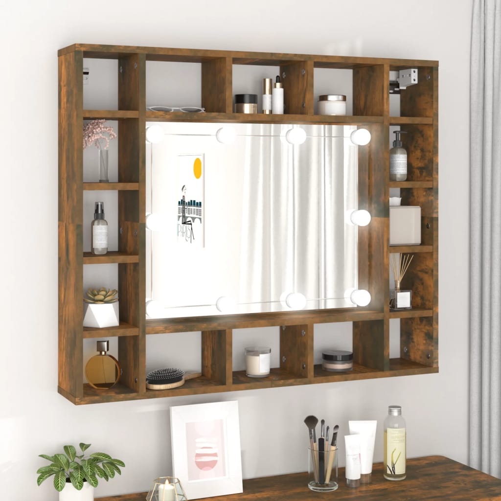 Cabinet with mirror and LED, smoky oak, 91x15x76.5 cm