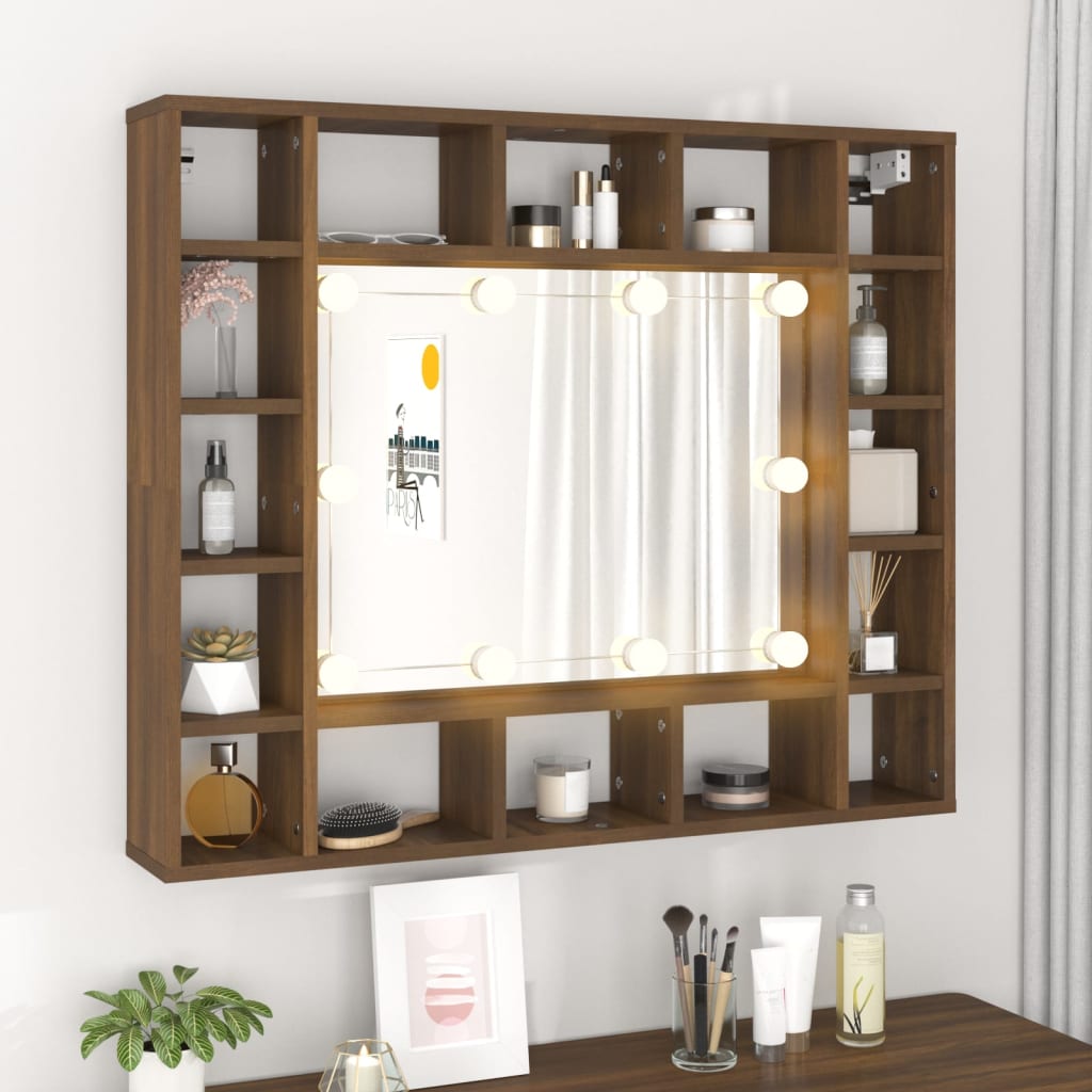 Cabinet with mirror and LED, brown oak, 91x15x76.5 cm