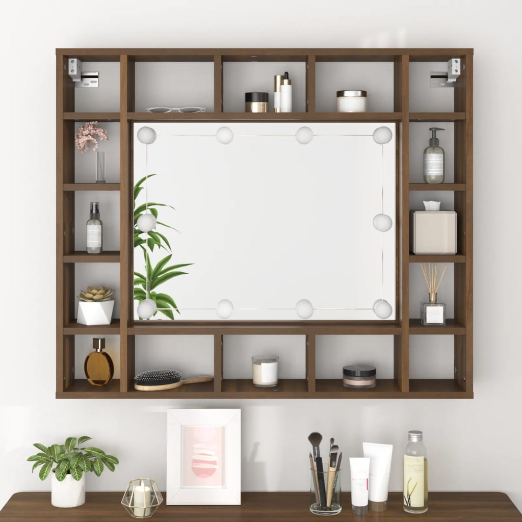Cabinet with mirror and LED, brown oak, 91x15x76.5 cm