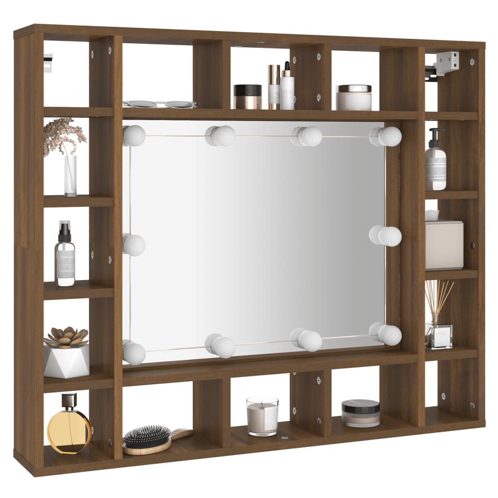 Cabinet with mirror and LED, brown oak, 91x15x76.5 cm