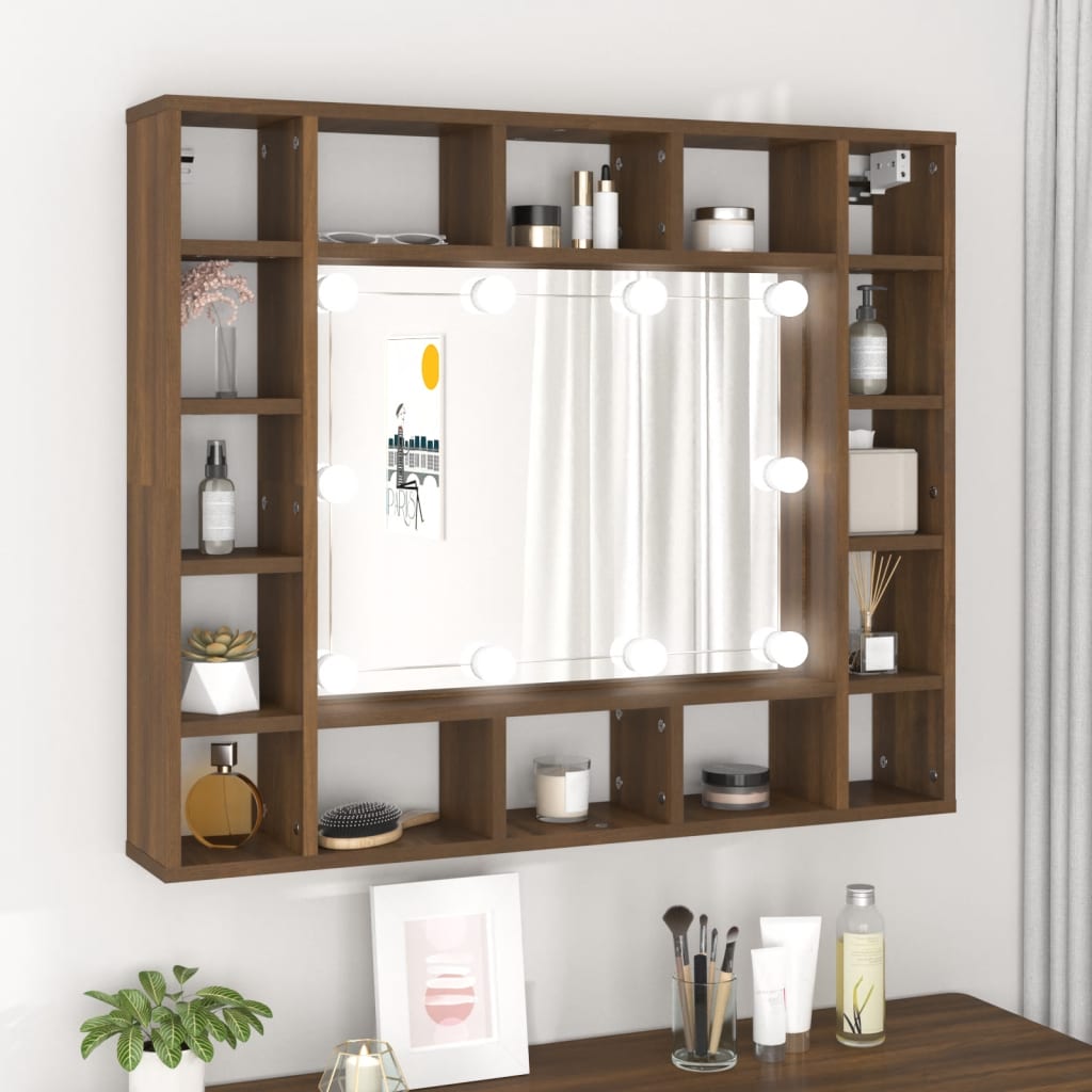 Cabinet with mirror and LED, brown oak, 91x15x76.5 cm