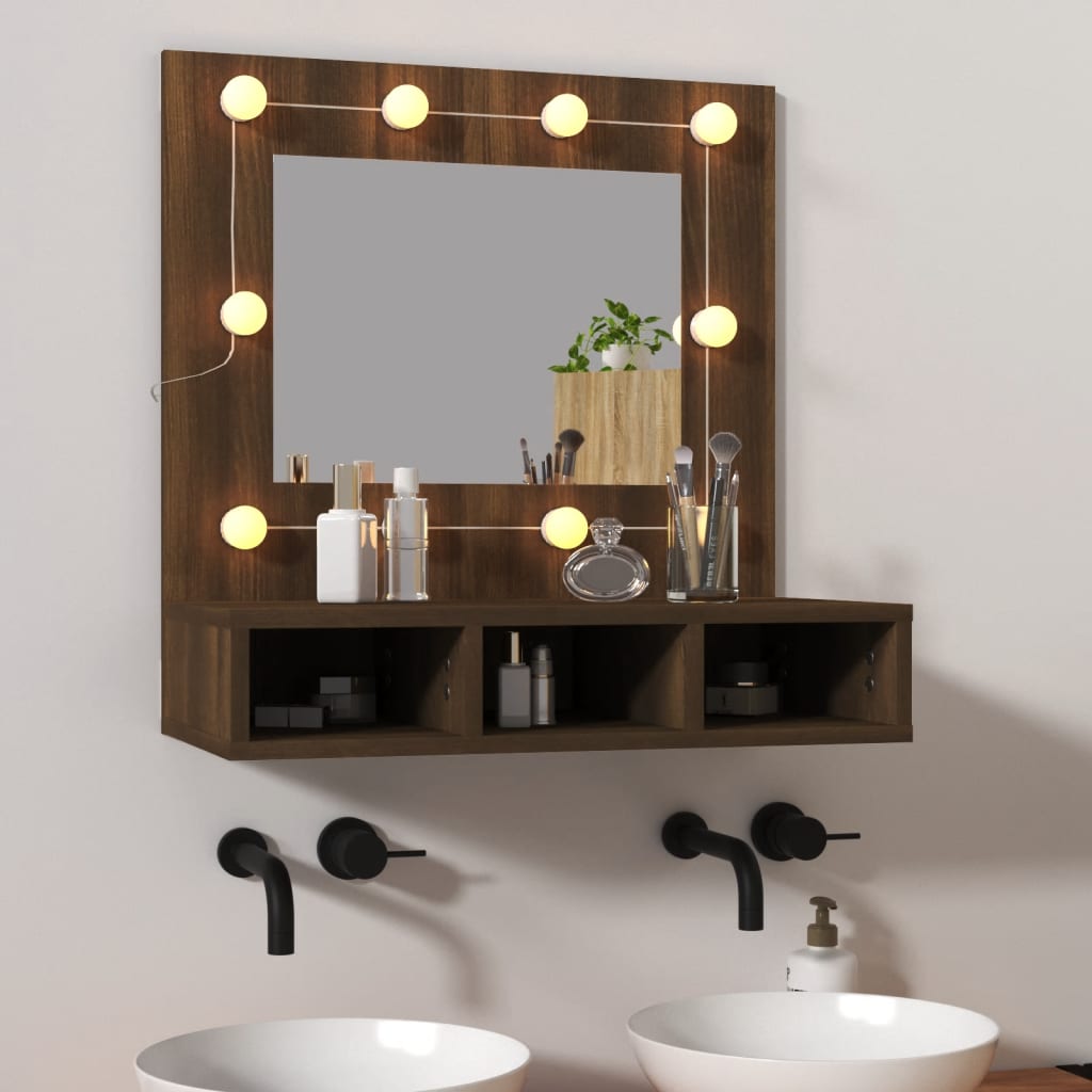 Cabinet with mirror and LED, brown oak, 60x31.5x62 cm