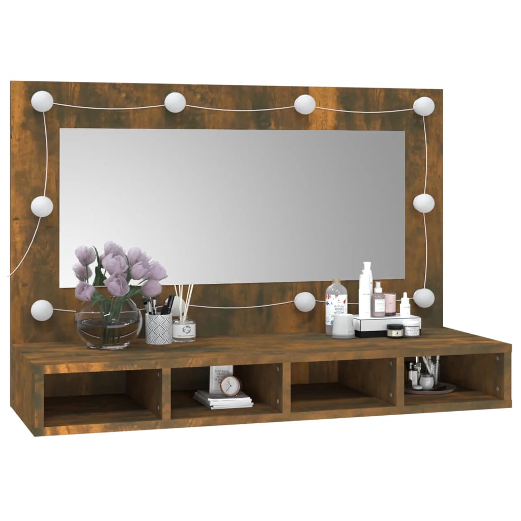 Cabinet with mirror and LED, smoky oak, 90x31.5x62 cm