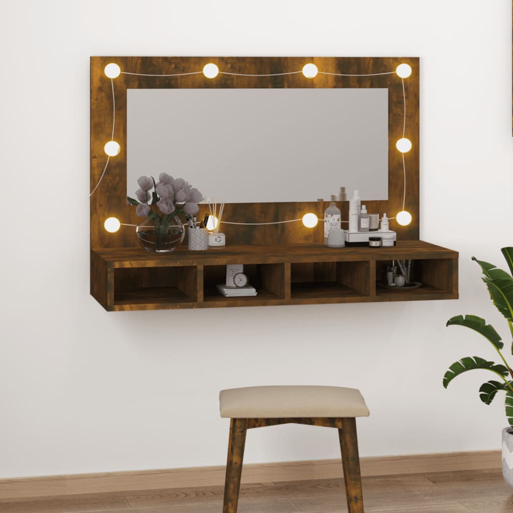 Cabinet with mirror and LED, smoky oak, 90x31.5x62 cm