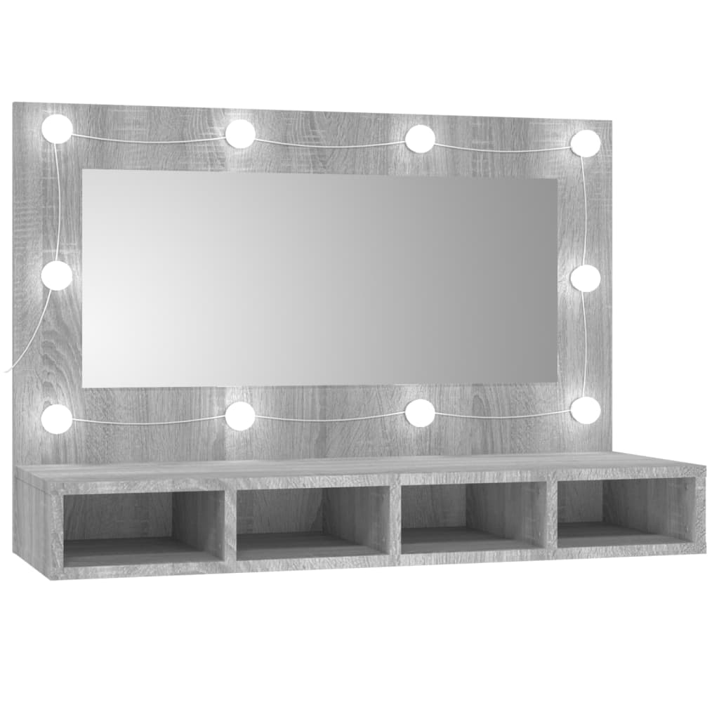 Wardrobe with mirror and LED, sonoma grey, 90x31.5x62 cm