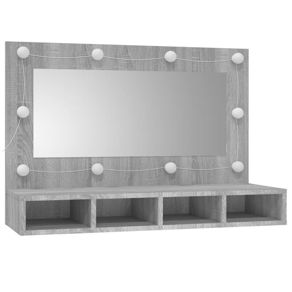 Wardrobe with mirror and LED, sonoma grey, 90x31.5x62 cm