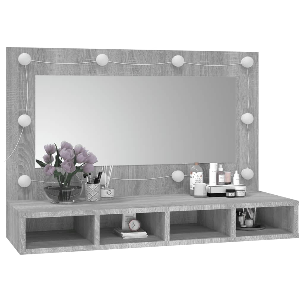 Wardrobe with mirror and LED, sonoma grey, 90x31.5x62 cm
