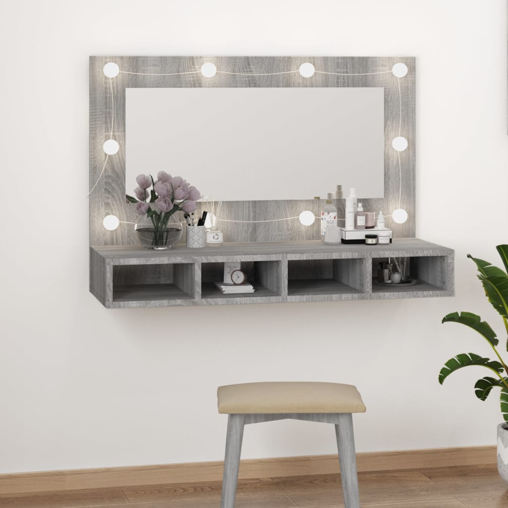 Wardrobe with mirror and LED, sonoma grey, 90x31.5x62 cm