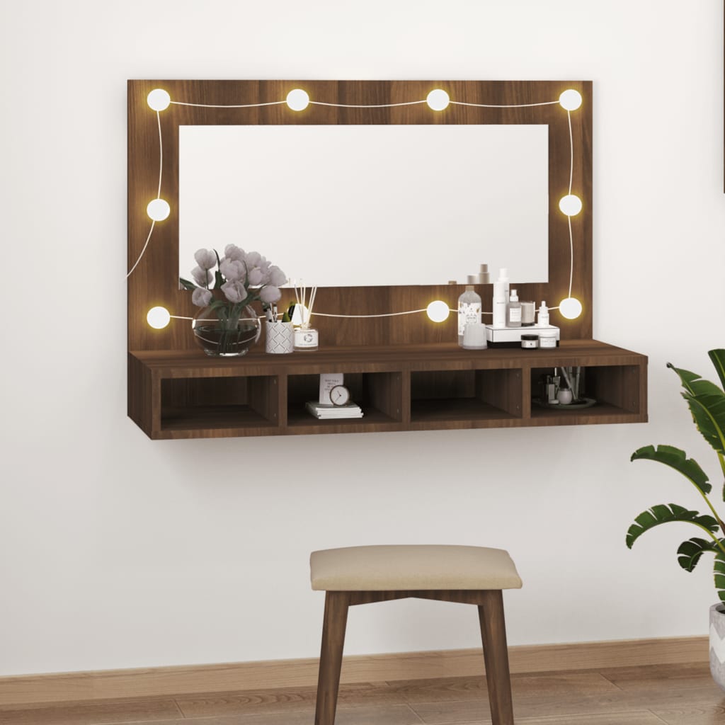 Cabinet with mirror and LED, brown oak, 90x31.5x62 cm