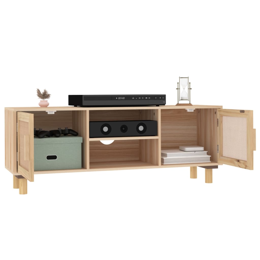 TV chest, brown, 105x30x40 cm solid pine wood and natural rattan