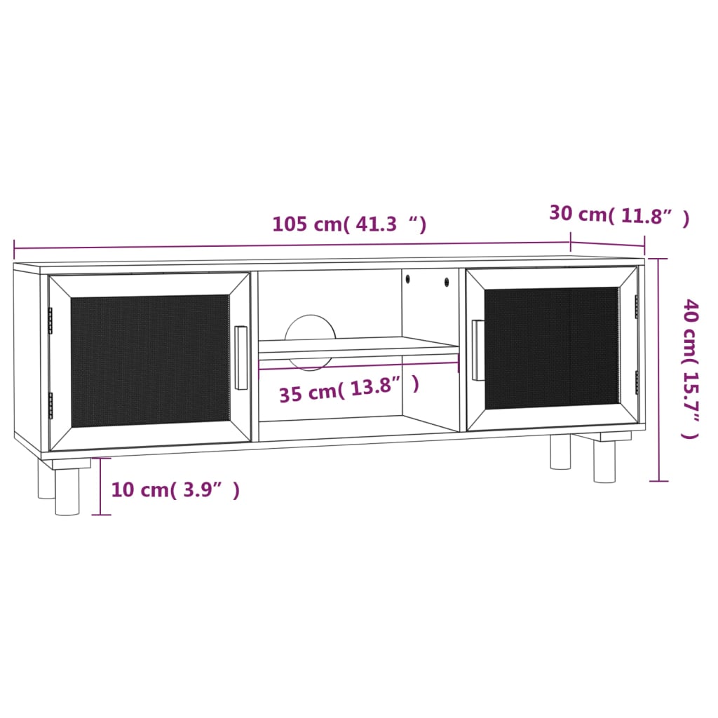 TV chest, brown, 105x30x40 cm solid pine wood and natural rattan