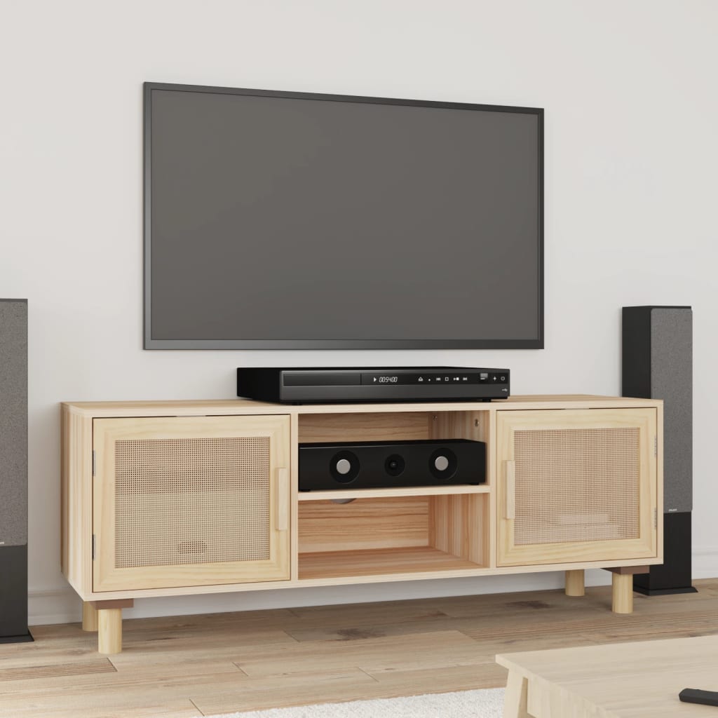 TV chest, brown, 105x30x40 cm solid pine wood and natural rattan