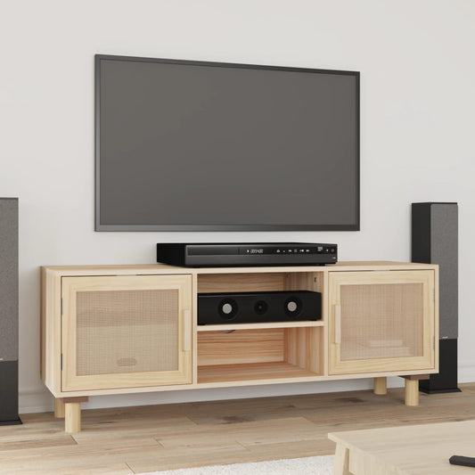 TV chest, brown, 105x30x40 cm solid pine wood and natural rattan