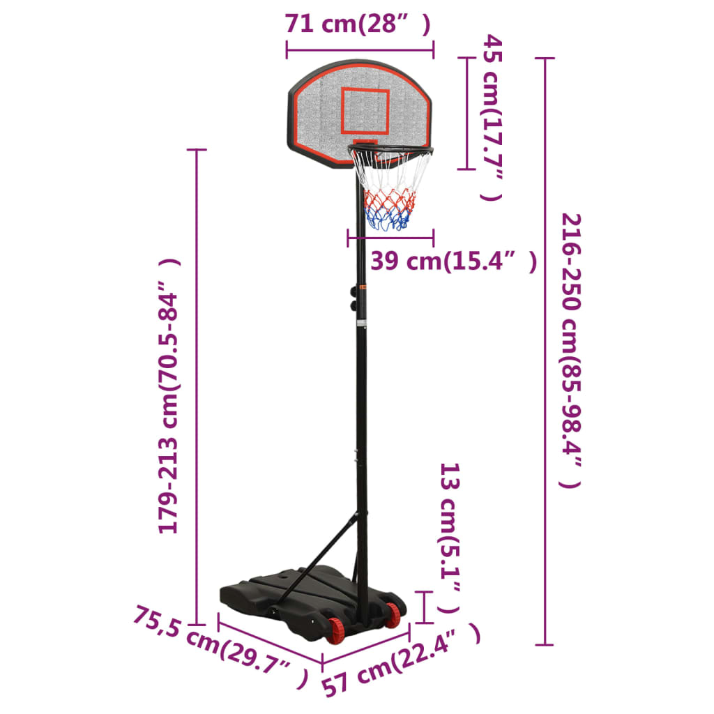 Stand with basketball hoop, black, 216-250 cm, polyethylene
