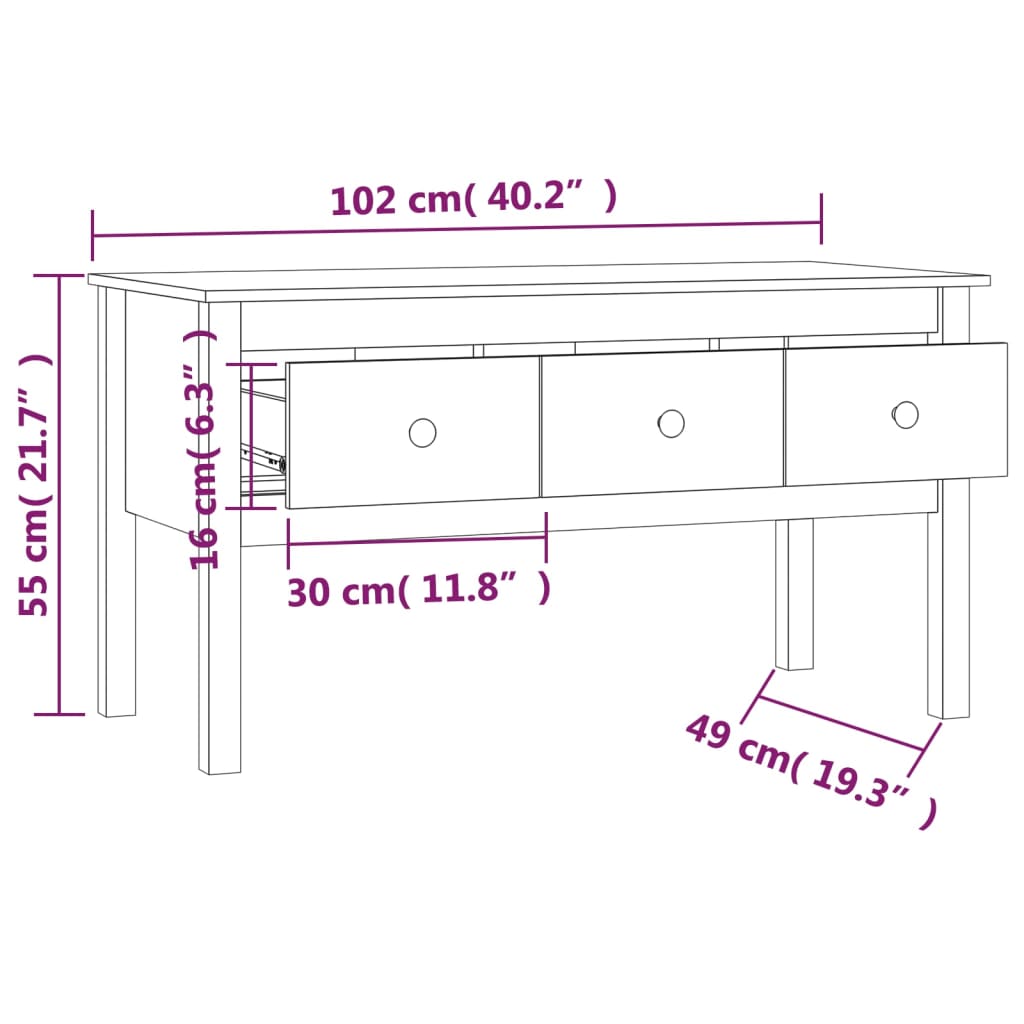 Coffee table, honey brown, 102x49x55 cm, solid pine wood