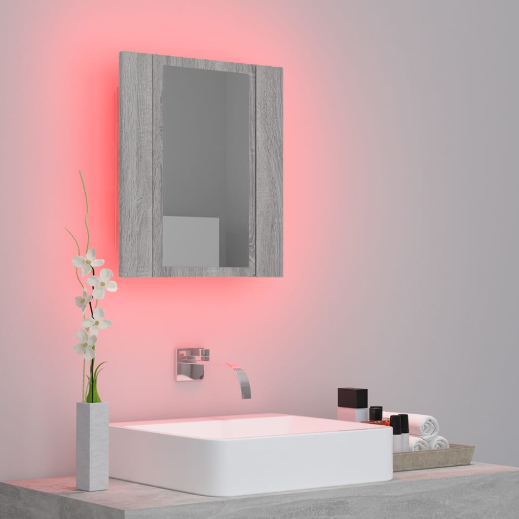 Dulap cu oglindă cu LED de baie, gri sonoma, 40x12x45 cm, lemn