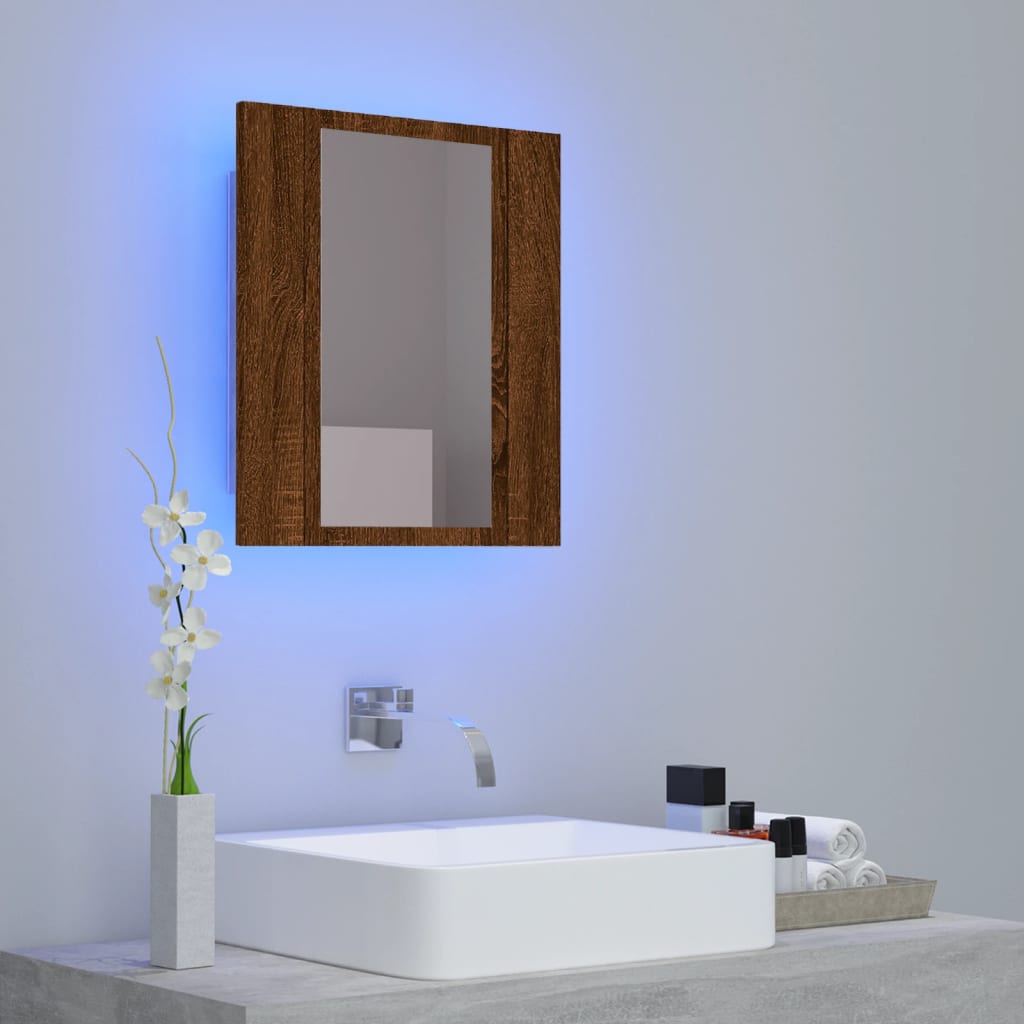 Dulap cu oglindă de baie LED, stejar maro, 40x12x45 cm, lemn