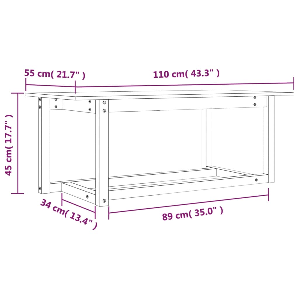 Coffee table, white, 110x55x45 cm, solid pine wood