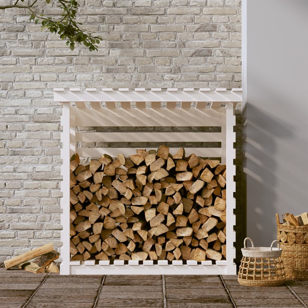 Rastel pentru lemne de foc, alb, 108x73x108 cm, lemn masiv pin