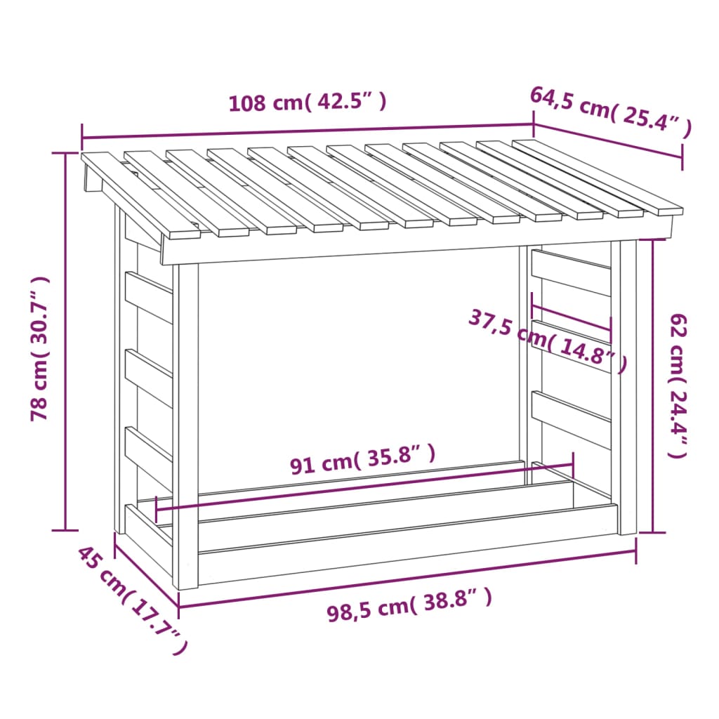 Rastel pentru lemne de foc, 108x64,5x78 cm, lemn masiv pin