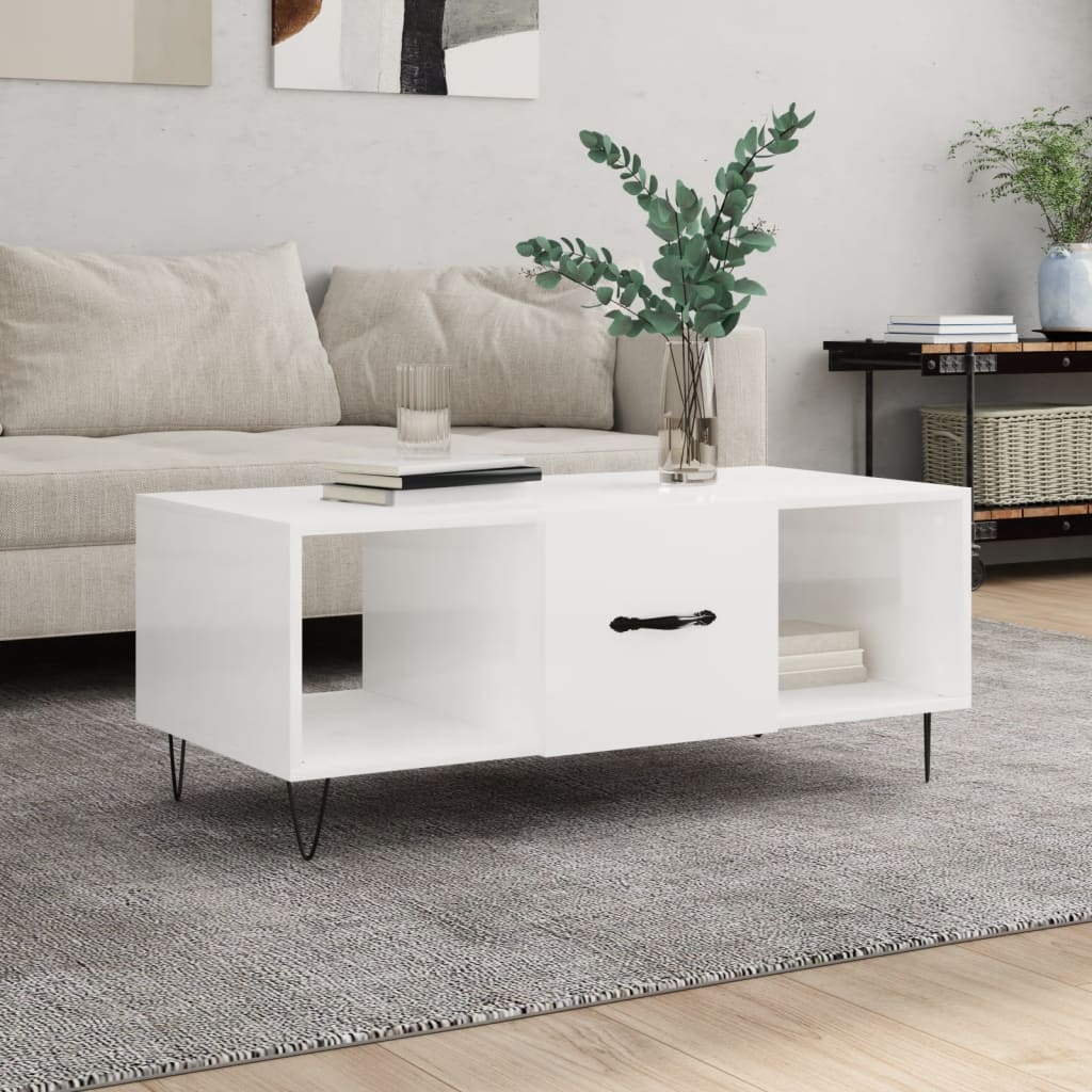 Coffee table, glossy white, 102x50x40 cm, processed wood