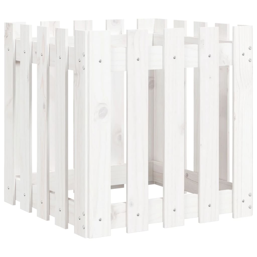 Jardinieră grădină design gard, alb, 50x50x50 cm lemn masiv pin