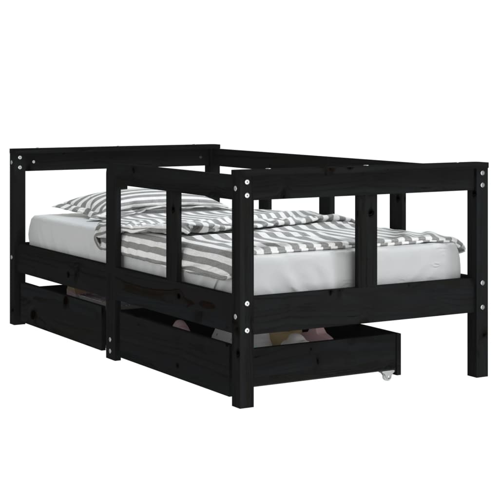 Children's bed frame with drawers, black, 70x140 cm, solid pine wood