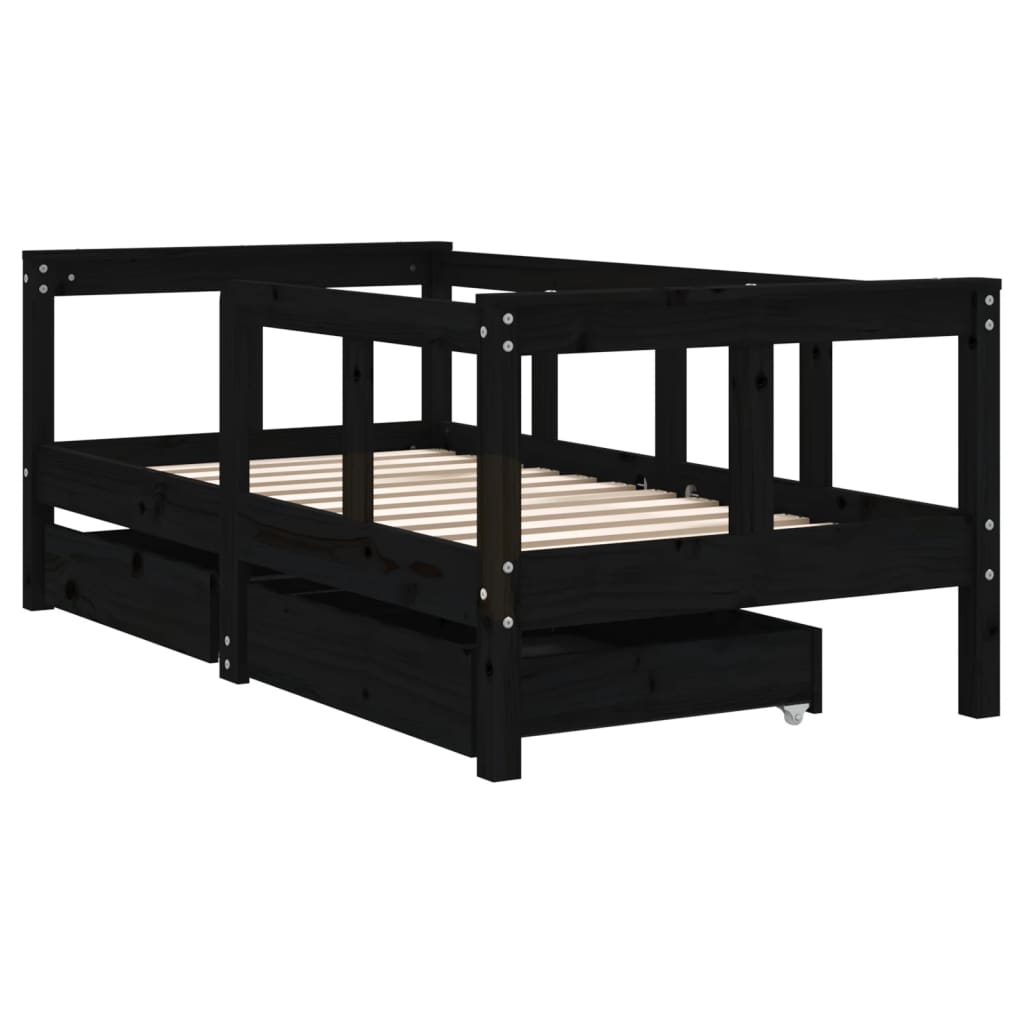Children's bed frame with drawers, black, 70x140 cm, solid pine wood