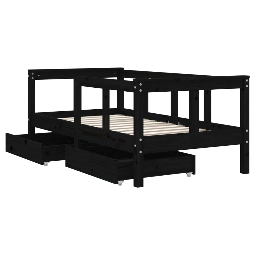 Children's bed frame with drawers, black, 70x140 cm, solid pine wood