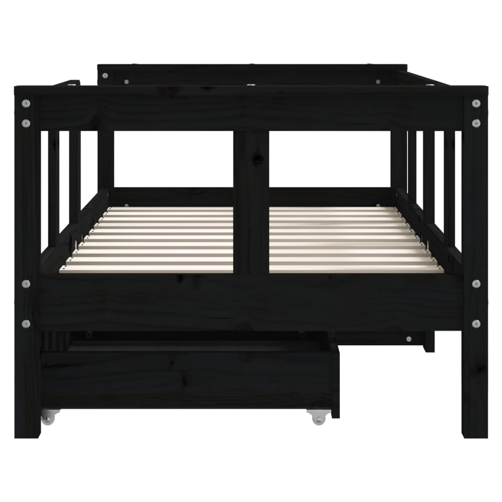 Children's bed frame with drawers, black, 70x140 cm, solid pine wood