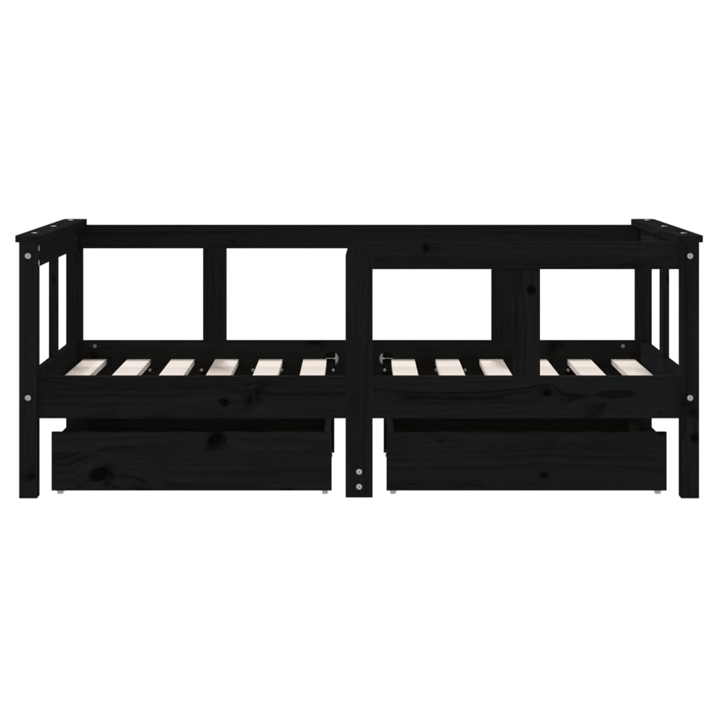 Children's bed frame with drawers, black, 70x140 cm, solid pine wood