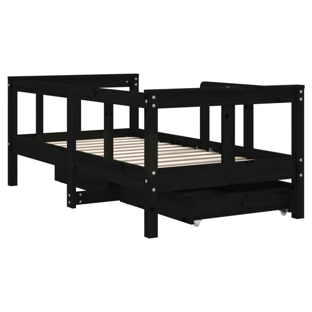 Children's bed frame with drawers, black, 70x140 cm, solid pine wood