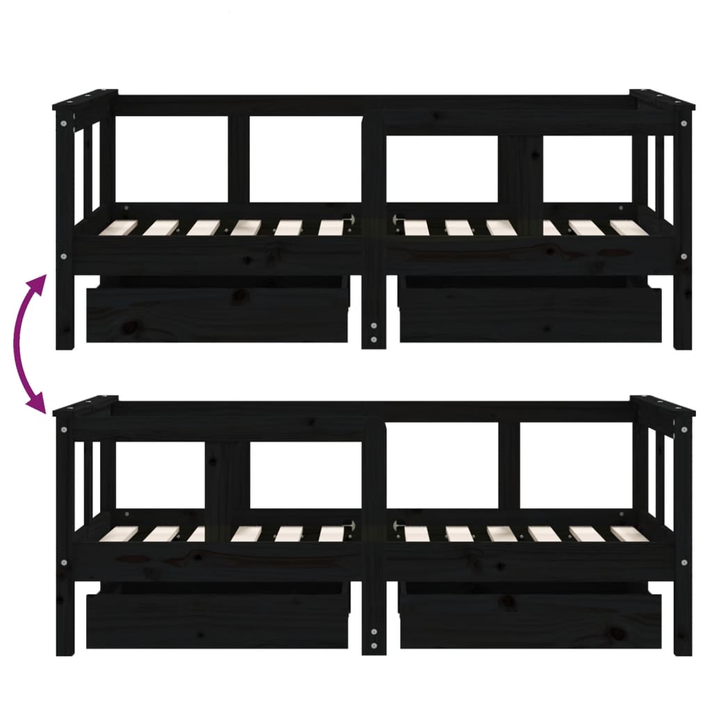 Children's bed frame with drawers, black, 70x140 cm, solid pine wood
