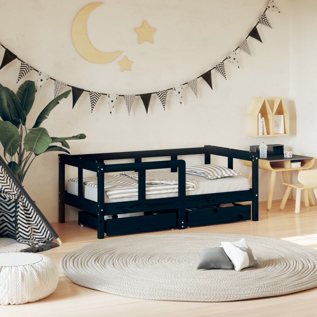 Children's bed frame with drawers, black, 70x140 cm, solid pine wood