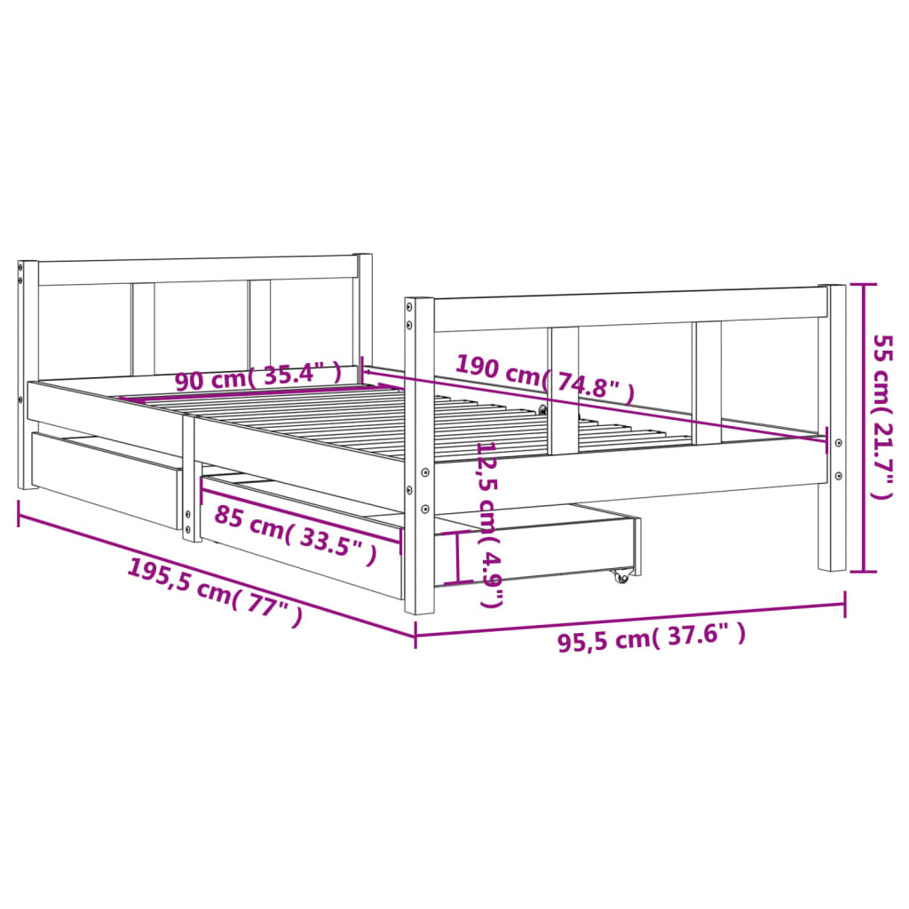 Bed frame for children, white, 90x190 cm, solid pine wood
