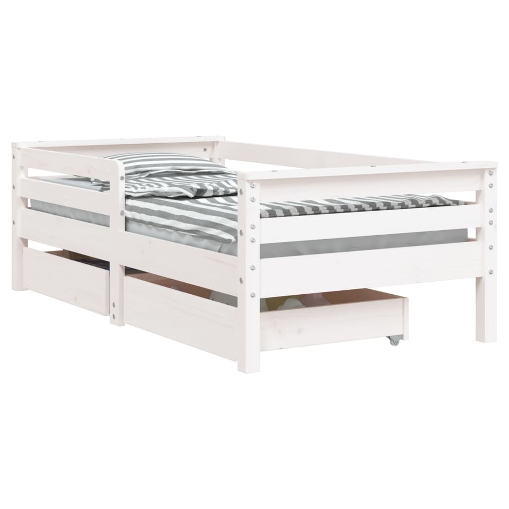 Cadru de pat copii cu sertare, alb, 70x140 cm, lemn masiv pin
