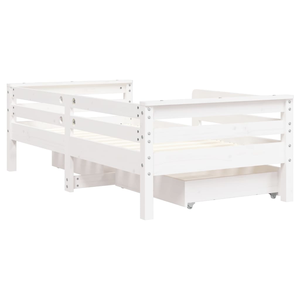 Cadru de pat copii cu sertare, alb, 70x140 cm, lemn masiv pin