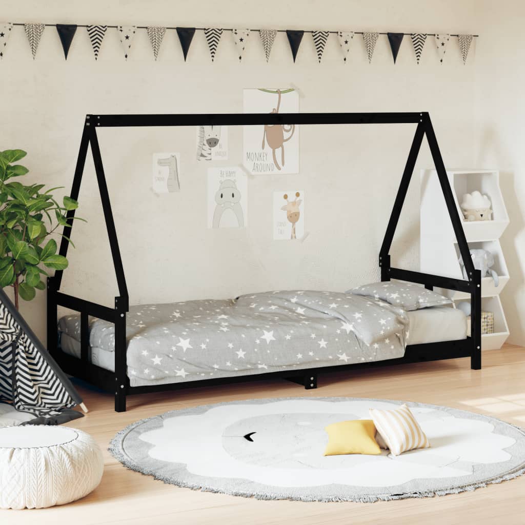 Bed frame for children, black, 80x200 cm, solid pine wood