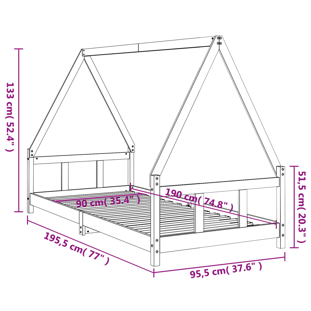 Bed frame for children, 90x190 cm, solid pine wood