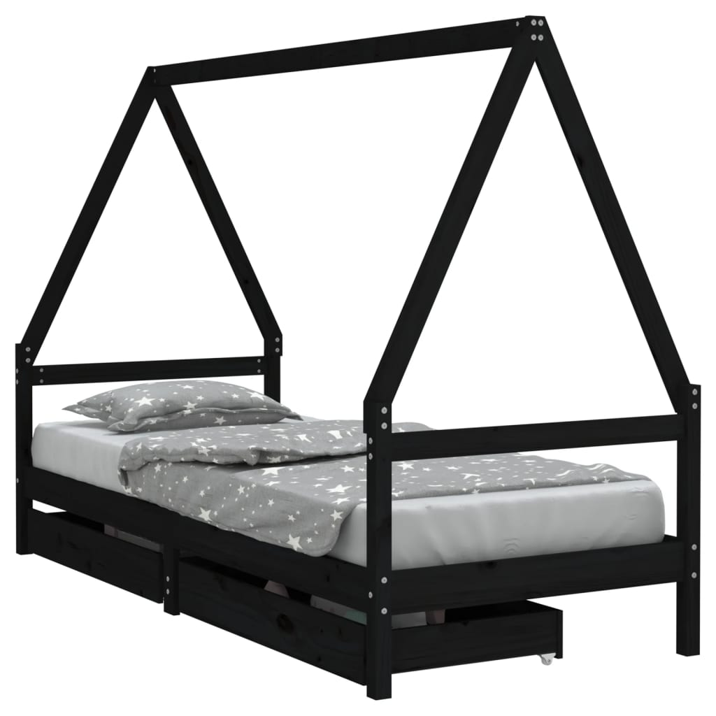 Children's bed frame with drawers, black, 80x200 cm, solid pine wood