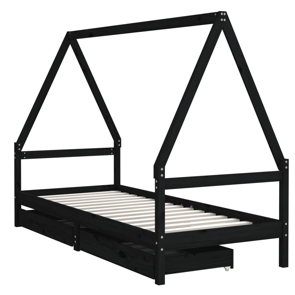 Children's bed frame with drawers, black, 80x200 cm, solid pine wood