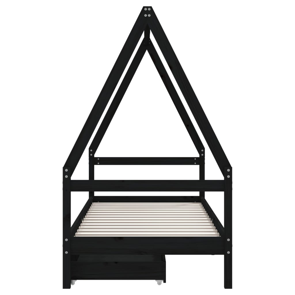 Children's bed frame with drawers, black, 80x200 cm, solid pine wood