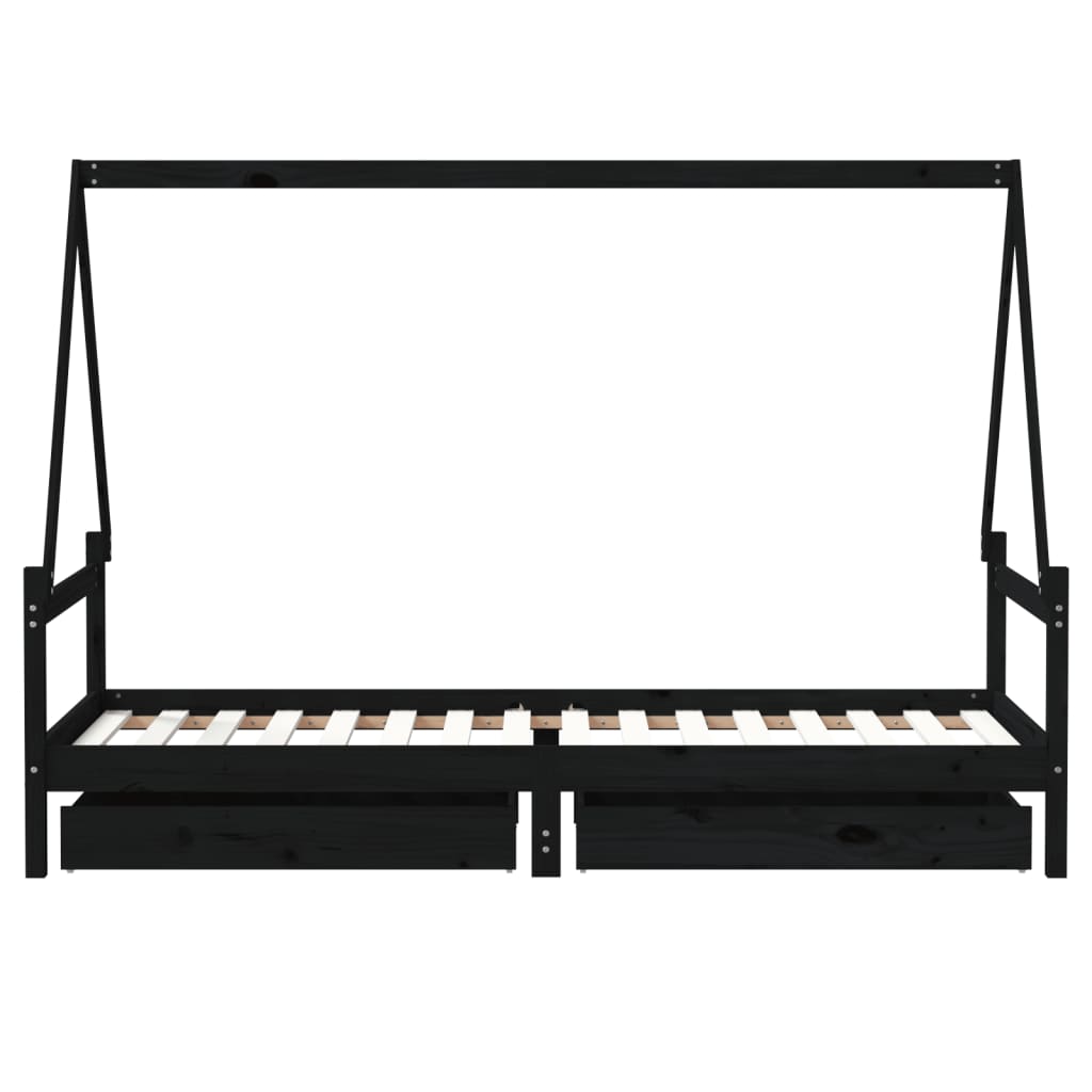 Children's bed frame with drawers, black, 80x200 cm, solid pine wood