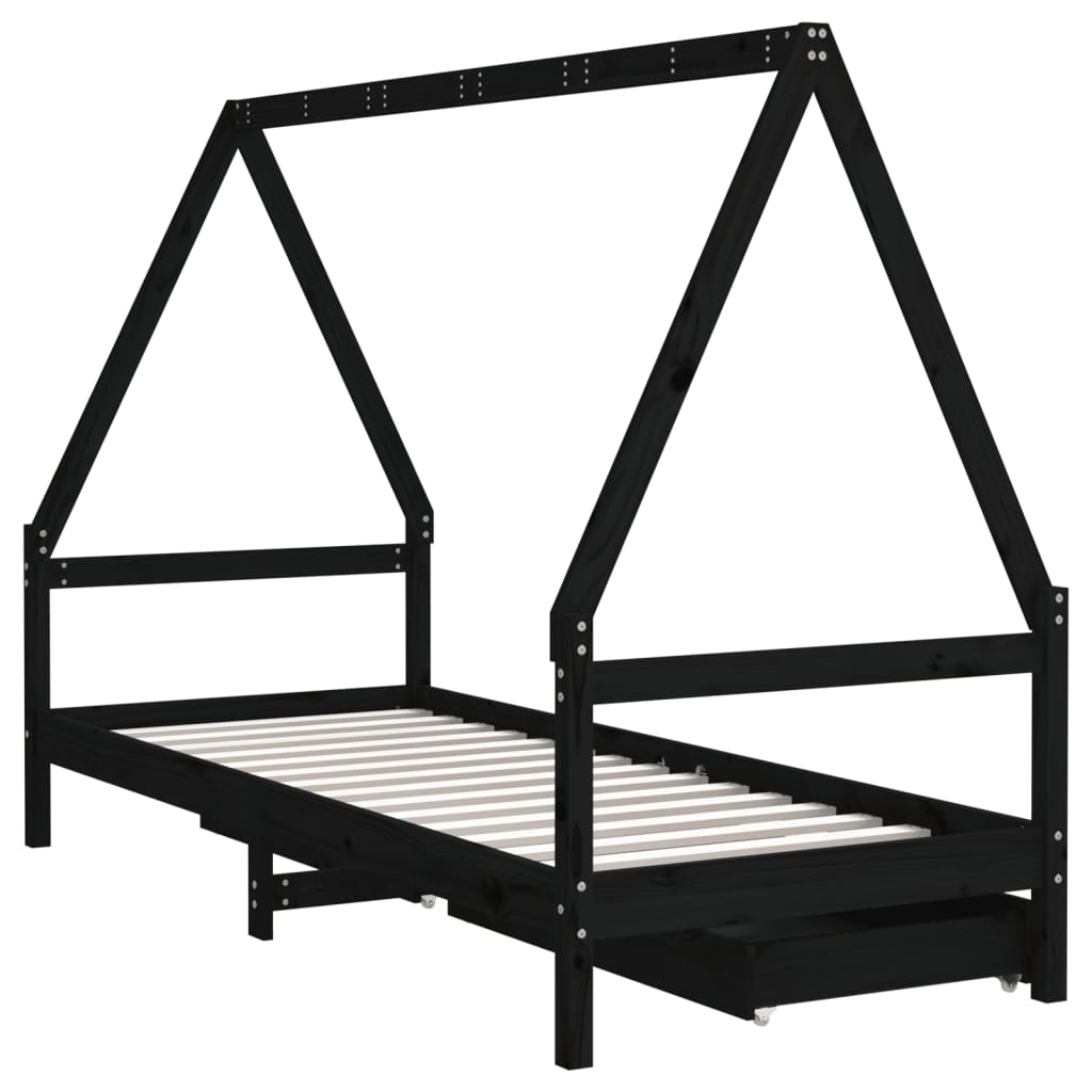 Children's bed frame with drawers, black, 80x200 cm, solid pine wood