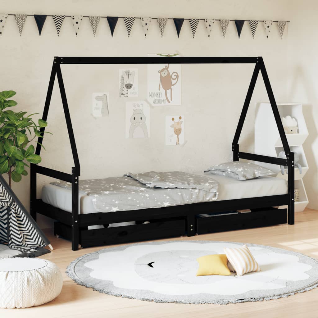 Children's bed frame with drawers, black, 80x200 cm, solid pine wood